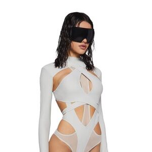 Dolls Kill NWT 
‘Darker Wavs’ spandex and mesh bodysuit
Light Grey - small